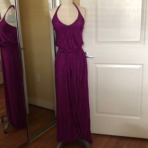 Purple pleated maxi gown with braided belt